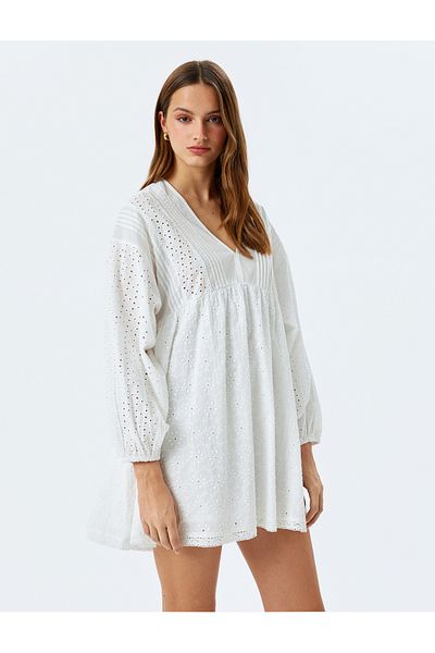 Koton Cotton Long Balloon Sleeve V Neck Mini Scalloped Dress