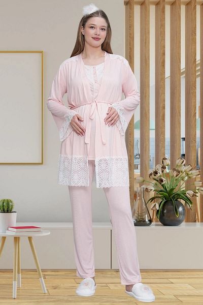 BLACKMORE Blue Special Lace Design Maternity Maternity 3-Piece Pajama Set with Breastfeeding Features