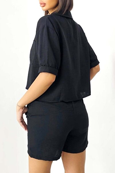 FashionForYou Σετ από κρεπ βαμβάκι, Keona, πουκάμισο και σορτς με κορδόνι, μαύρο