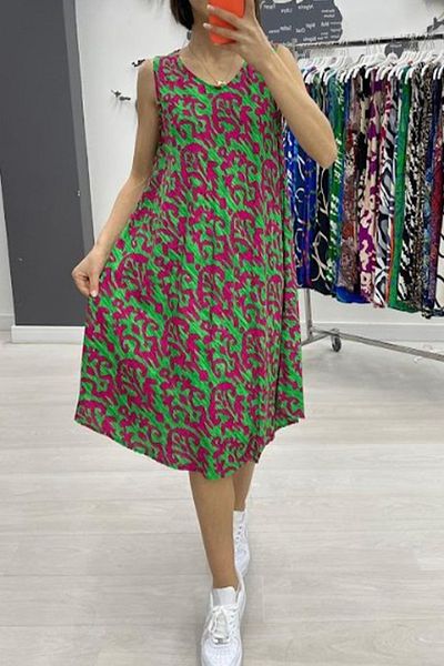 AYASOFYA OTANTIK Women's Green Fuchsia Patterned Sleeveless Midi Dress