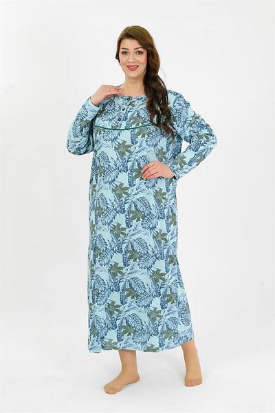 Celira Women's Plus Size Long Sleeve Blue Mother Nightgown 1378