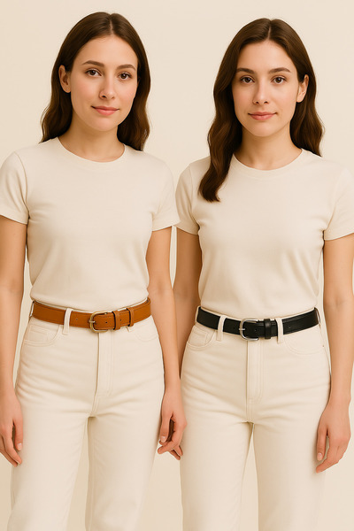 Çantachım Women's Belt Set of 2 Leather Jeans and Fabric