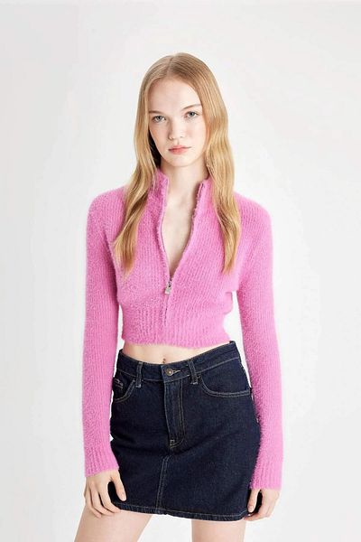 DeFacto Coool Crop Basic Plain Zippered Stand Collar Knitwear Cardigan