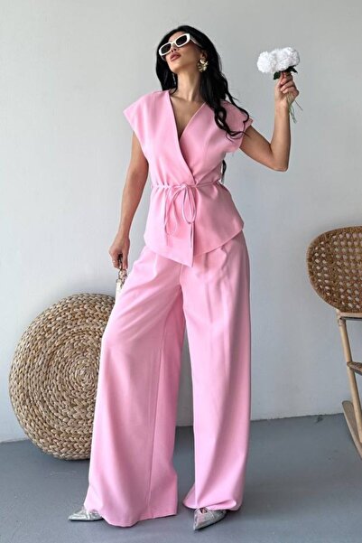 AKD Atelier Kadın İkili Alt Üst Takım Bağcıklı Bol Kesim Dökümlü Yazlık Kısa Kollu Kimono Ceket Palazzo Pantolon