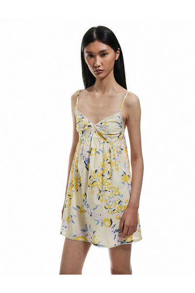 Koton Floral Lemon Printed V-Neck Cotton Strap Mini Nightdress