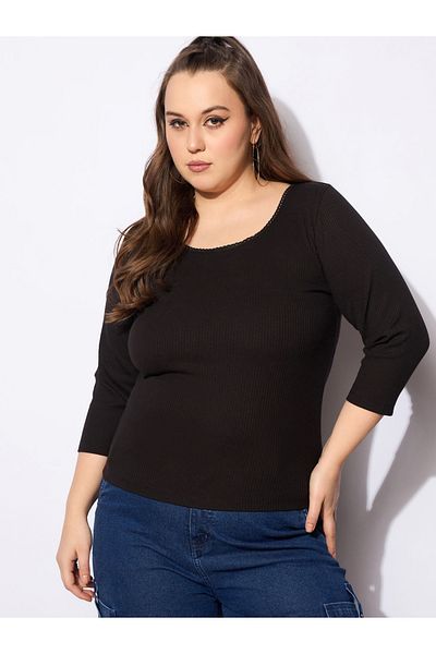 Sassafras By Styli Plus Size Rib Round Neck Lace Detail Top