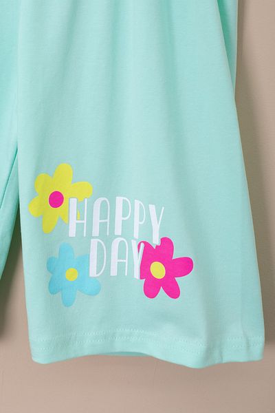 Cansın Mini Green Color Flower Printed T-Shirt and Shorts Girl's 2 Piece Set 21062