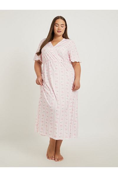 Styli Plus Size Bow Print Wrap Look Nightdress