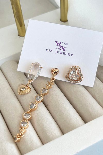 TAKIŞTIR مجموعة أقراط YSX مكونة من 3 قطع مع تفاصيل حجرية ذهبية اللون