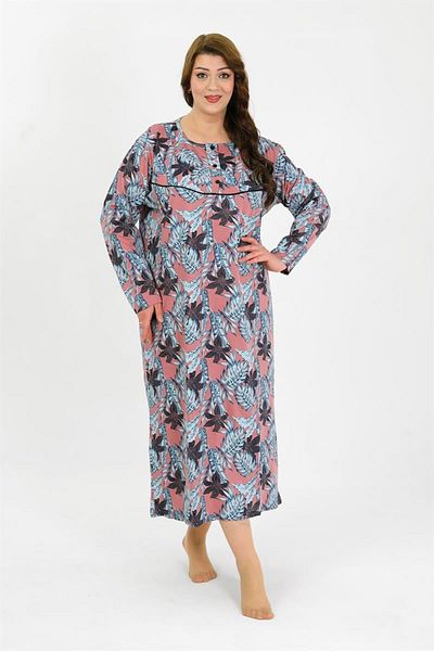 Celira Women's Large Size Long Sleeve Salmon Mother Nightgown 1378