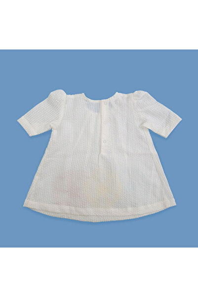 KeeBee Organic Cotton Textured Puff 3/4 Sleeve Flowers Embroidered White Girls Dress