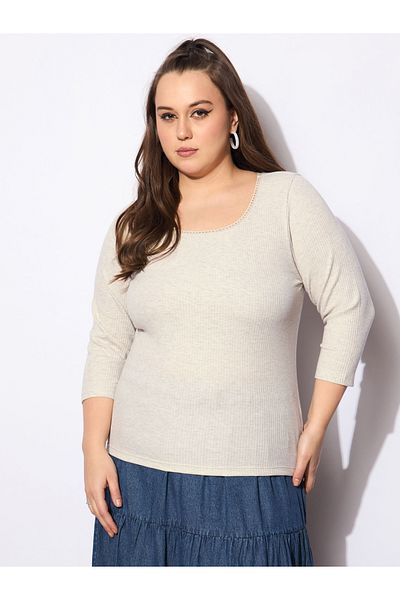 Sassafras By Styli Plus Size Melange Round Neck Lace Detail Top