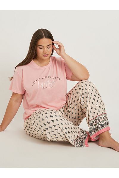 Styli Slogan Print Dropped Shoulder T-Shirt and All-Over Print Pyjama Set