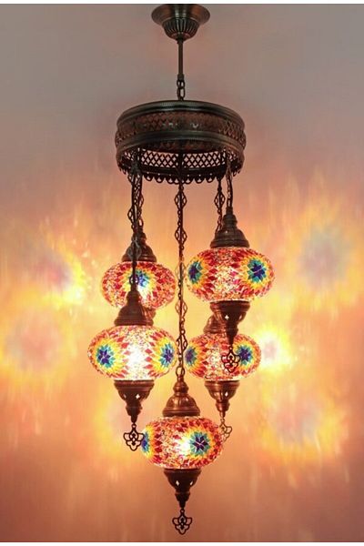 Demmex Mosaic Lamp 5-Piece Ottoman Authentic Colored Glass Handmade Boho Pendant Lamp Chandelier, 5 Large Glass
