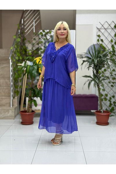 Punta Otantik Yg5161 Italian Collar Detail Silk Dress Purple