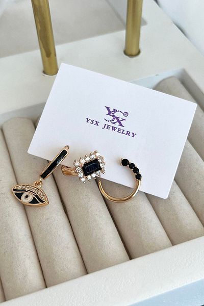 TAKIŞTIR مجموعة أقراط YSX مكونة من 3 قطع مع تفاصيل حجرية ذهبية اللون