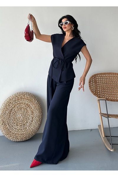 pembekurdelem Women's Oversize Tie-Up Vest Trousers Suit Navy Blue