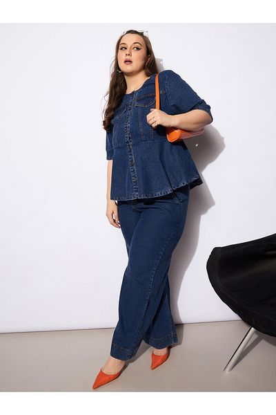 Sassafras By Styli Plus Size Plain Denim Peplum Top and Jeans Co-Ords