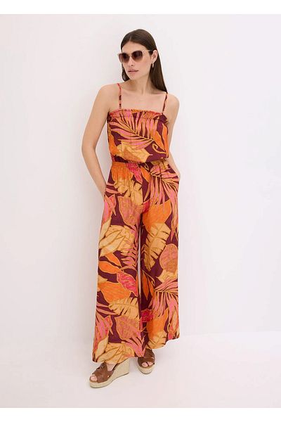 Şans Women's Plus Size Orange, Patterned Viscose Removable Rope Strap Jumpsuit 65N38985