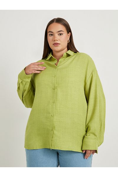Styli Plus Size Solid Linen Look Button Back Regular Fit Shirt