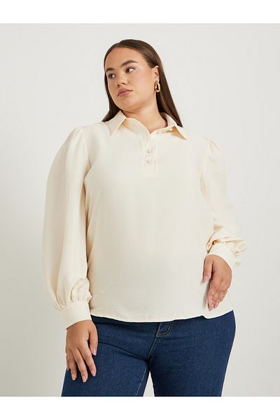 Styli Plus Size Textured Balloon Sleeve Regular Fit Popover Shirt