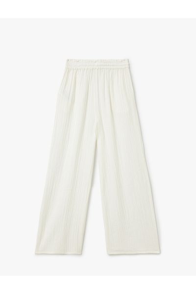 Koton Cotton Wide Leg Muslin Trousers with Elastic Waist and Tie Pockets