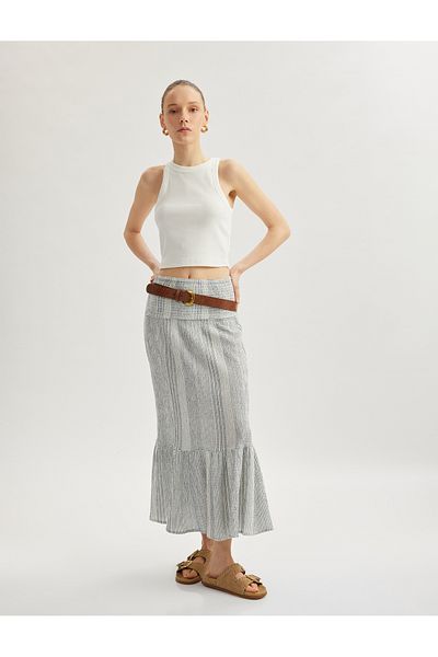 Koton Elastic Waist Layered Flounce A-Line Patterned Midi Skirt