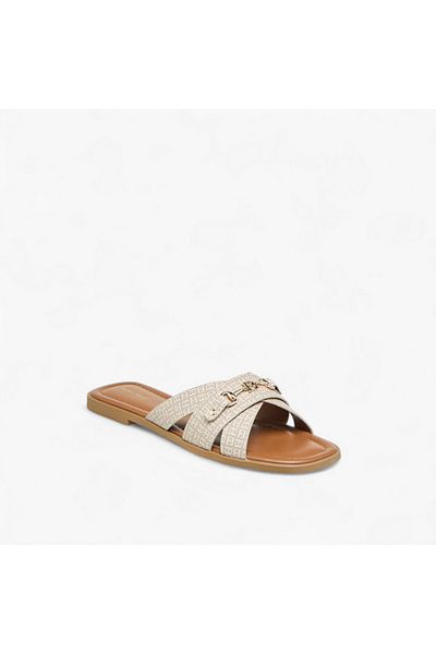 Flora Bella by Shoexpress Flora Bella Monogram Print Slip-On Flat Sandals with Metal Accent