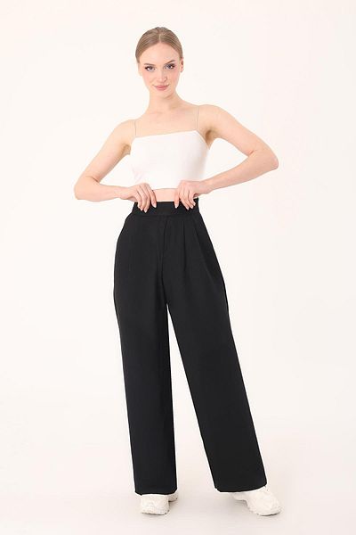 Hazel Women's Black Double Button Linen Palazzo Trousers