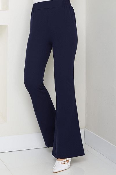 hafsamina Elastic Waist Spanish Leg Fabric Trousers Navy Blue Hm2781