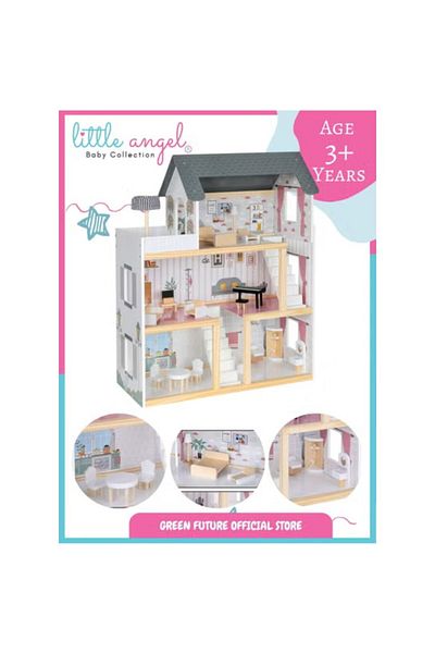 LITTLE ANGEL - Kids Wooden Dollhouse Luxury Playset W/ Furniture