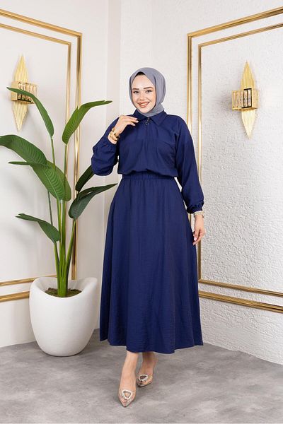 HARMAN BUTİK Women's Zipper Detailed Navy Blue Strawberry Fabric Suit