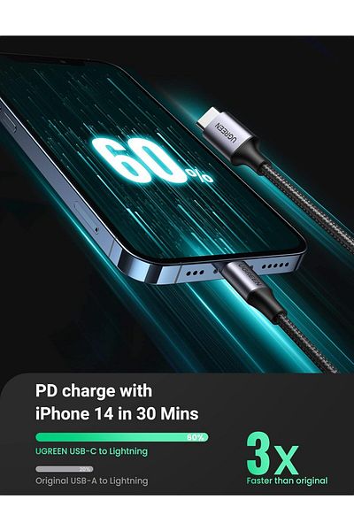 Ugreen USB-C to Lightning Cable, 1M Nylon Braided Fast Power Delivery Charging Cable