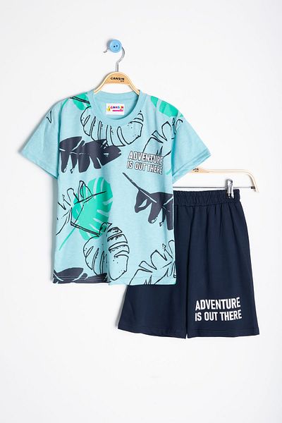 Cansın Mini Light Blue Leaf Printed Crew Neck Boys 2-Piece Shorts Set 21061