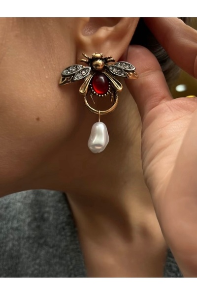 Trinidad Marka Muadili İncili Arı Model Kırmızı Taşlı Z.ra Küpe