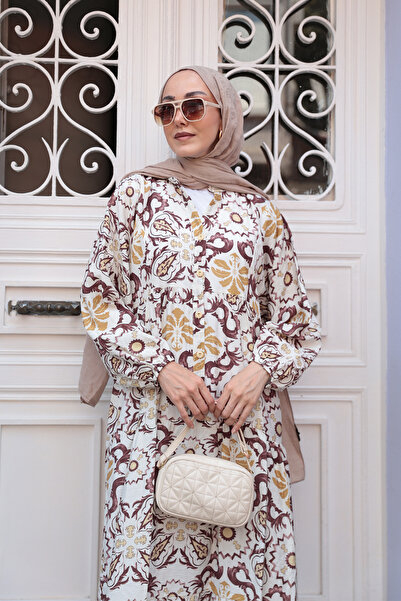 LOCCO Γυναικείο φόρεμα με μοτίβο Anatolian Breeze καφέ