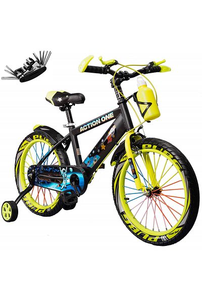 ACTION ONE Bicicleta copii 3-5 ani cu set de chei inclus, roti ajutatoare si bidon Kiddo II, 12 inch,verde neon