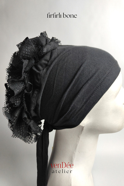 venDée Μαύρο καπέλο με βολάν χωρίς ραφές Βαμβάκι τεμάχια ελαστικό ύφασμα Αντι...