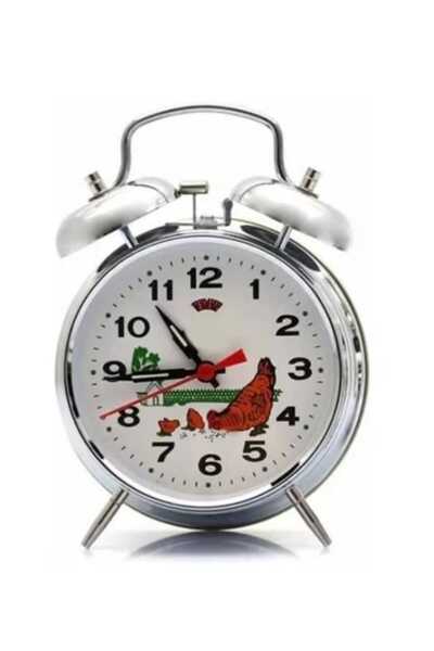 Elioure Gümüş Renk Metal Horozlu Kurmalı Çalar Saat, Nostaljik ve Şık Tasarım