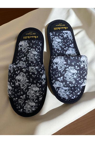 Chochili Unisex Floral Skull Open Front House Slippers