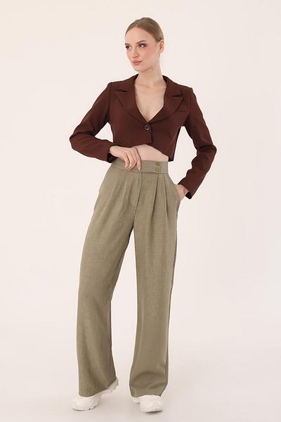 Hazel Women's Khaki Double Button Linen Palazzo Trousers