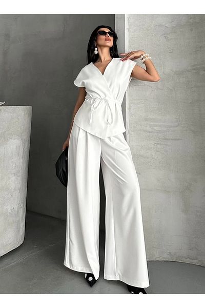 pembekurdelem Women's Oversize Tie-Up Vest Trousers Suit White