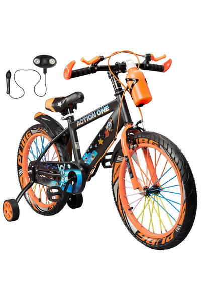 ACTION ONE Children's bicycle 6-8 years old with headlight and horn included, training wheels and water bottle Nova II, 18 inch, orange