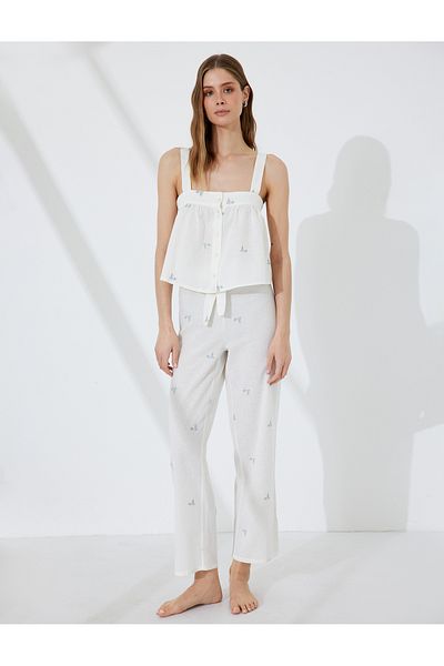 Koton Cotton-Linen Blend Suspender Flower Embroidered Crop Pajama Top