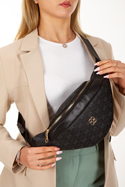 Newish Polo Women's Patterned Cross Shoulder Strap Waist and Shoulder Bag - Black