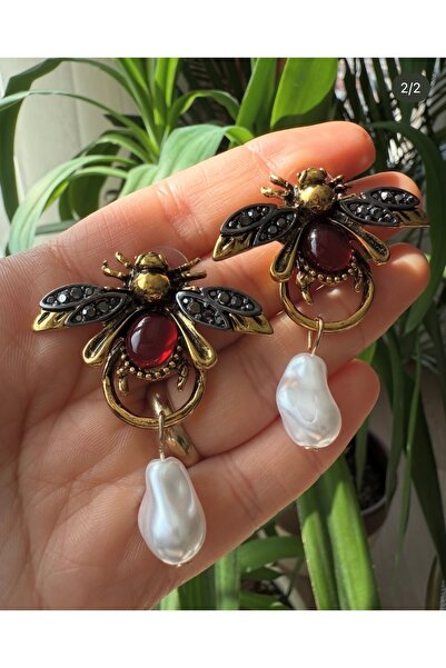 Trinidad Marka Muadili İncili Arı Model Kırmızı Taşlı Z.ra Küpe