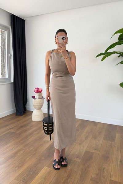 BİRCANÇİL Broen Beige Back Slit Shoulder Detailed Dress