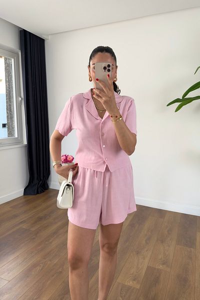 BİRCANÇİL Melvin Pink Linen Shirt Shorts Set