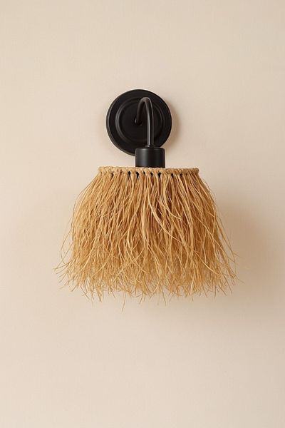 oceanpoint Raffia Wall Sconce, Natural, Black Metal Body, Boho Style Handmade Lighting, 27X22 cm