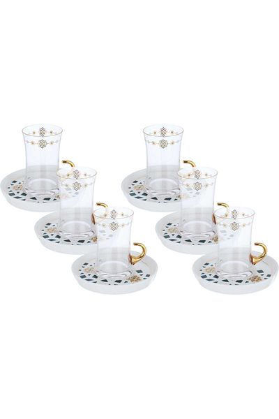 Alsaif Gallery Glass Tea Cups Set with Porcelain Saucers, Green and Gold Pattern, 12 Pieces - White